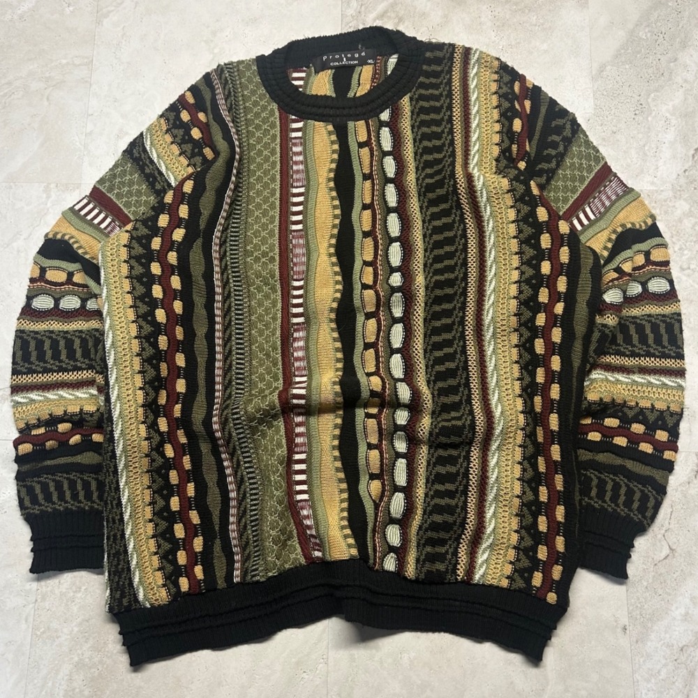 Protege Collection 3D Textured Knit Sweater Multi Green Mens XL Vintage Style